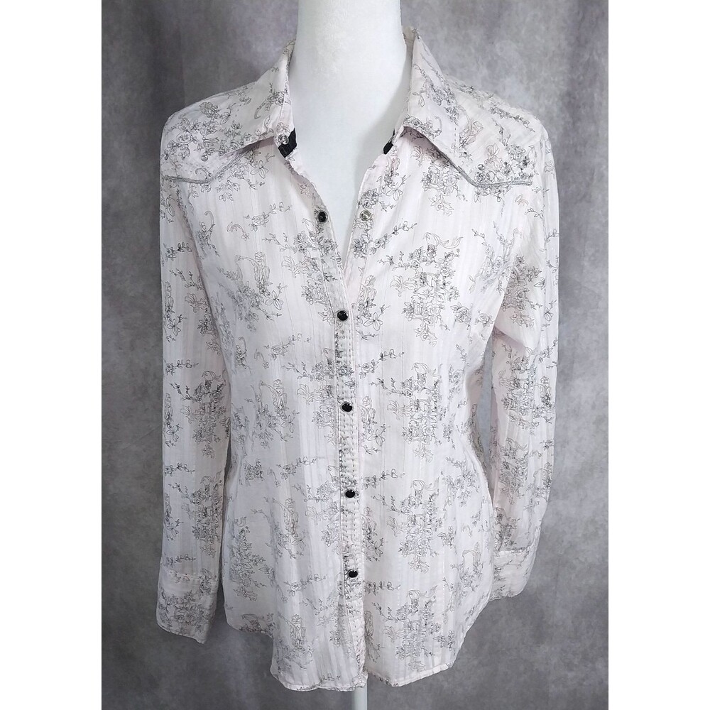 Cowgirl Up Womens Light Pink Black Floral Western Button Down Shirt Size Large